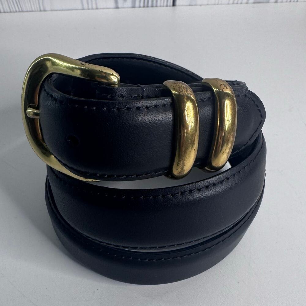 Vtg Dexter Black Belt Leather Brass Buckle Mens Size 32
